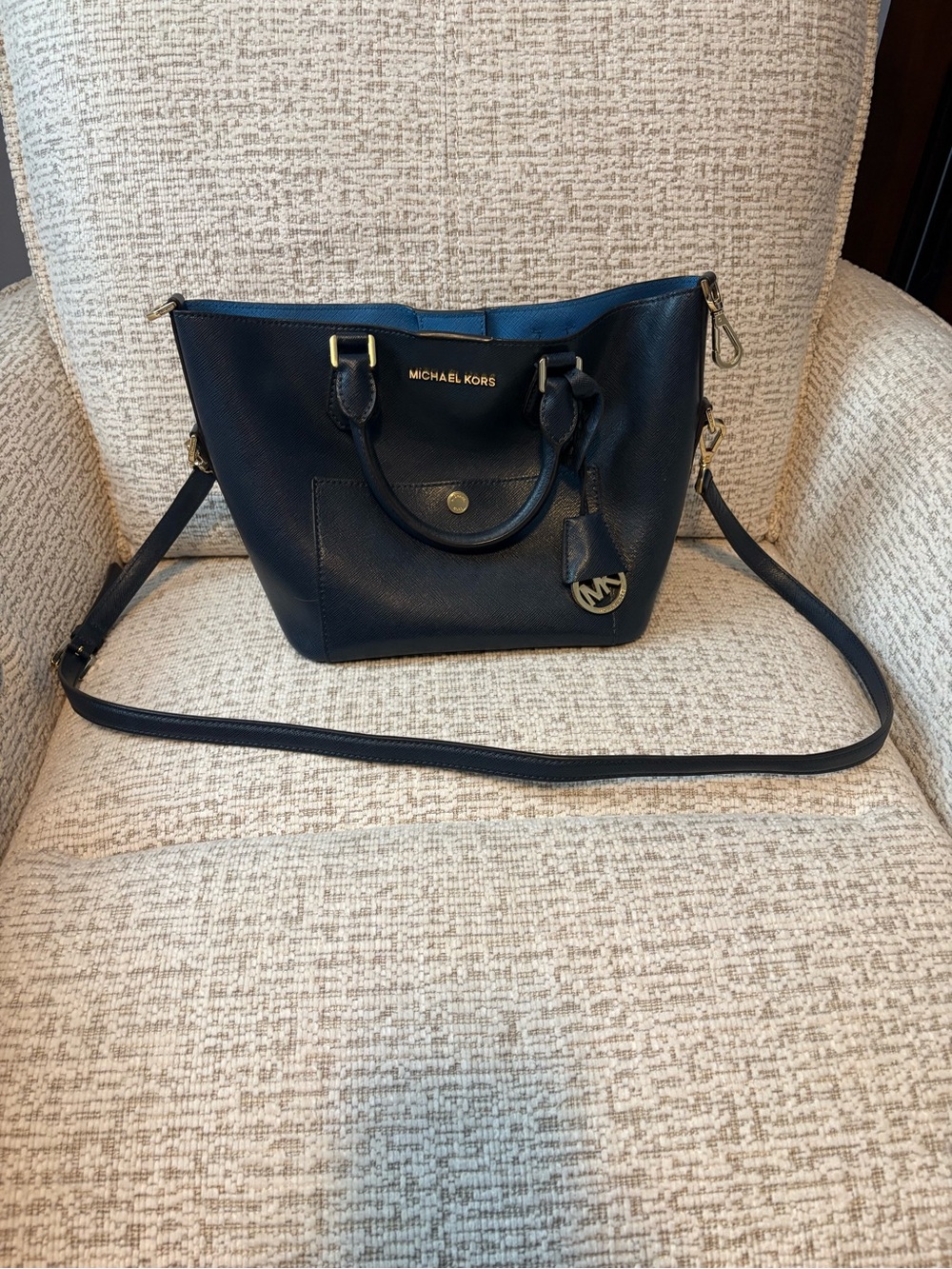 Michael Kors Navy Leather Shoulder Tote with Gold Hardware